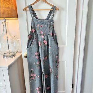 BiBi Pink Floral Blue Denim Overalls